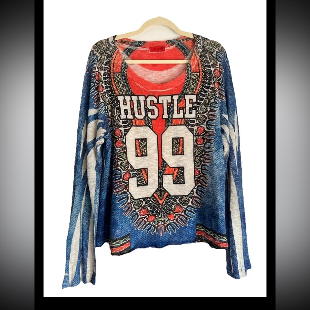 MADRAG Women’s Graphic HUSTLE 99 Long Sleeve Lightweight Pullover knit Sz 1X